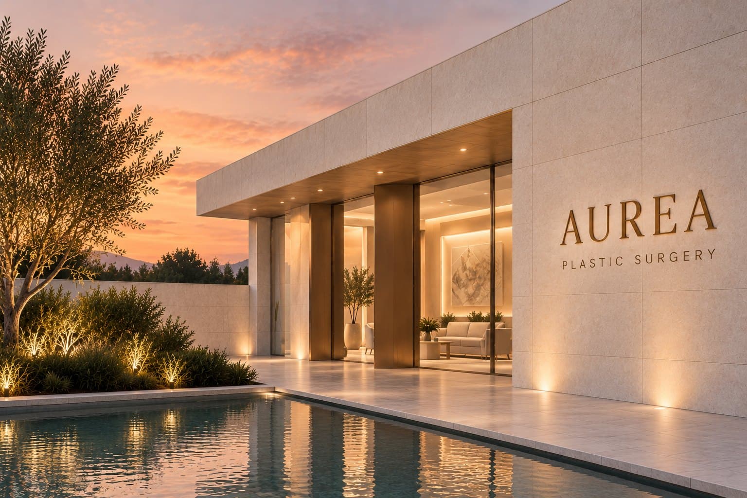 Fachada de Aurea Plastic Surgery al atardecer